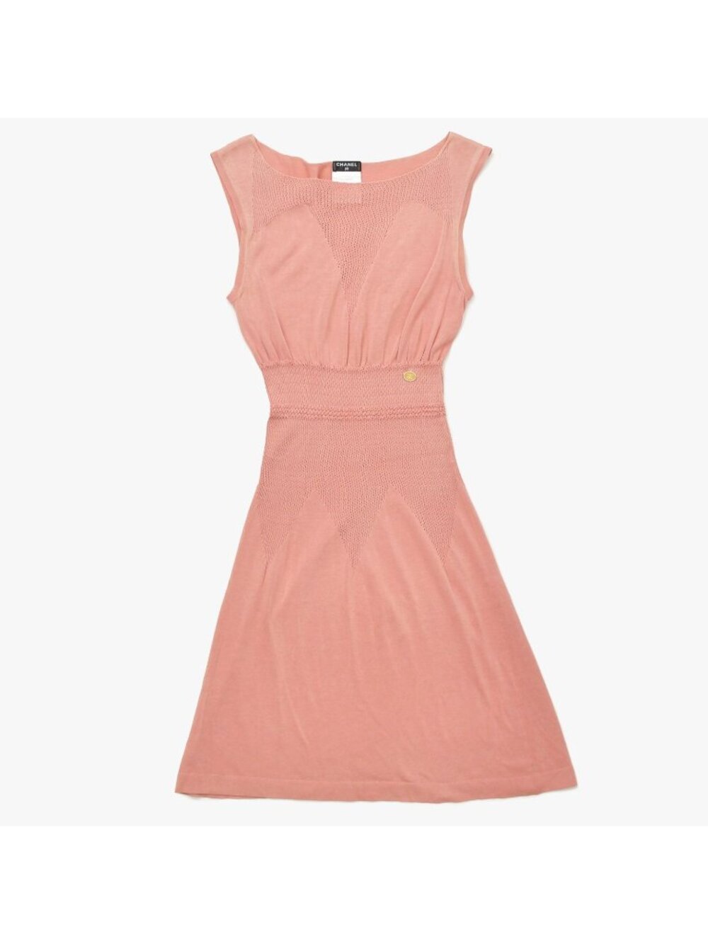 Chanel CC Logo Plate Contrast Knit Sleeveless Dress Salmon Pink Silver